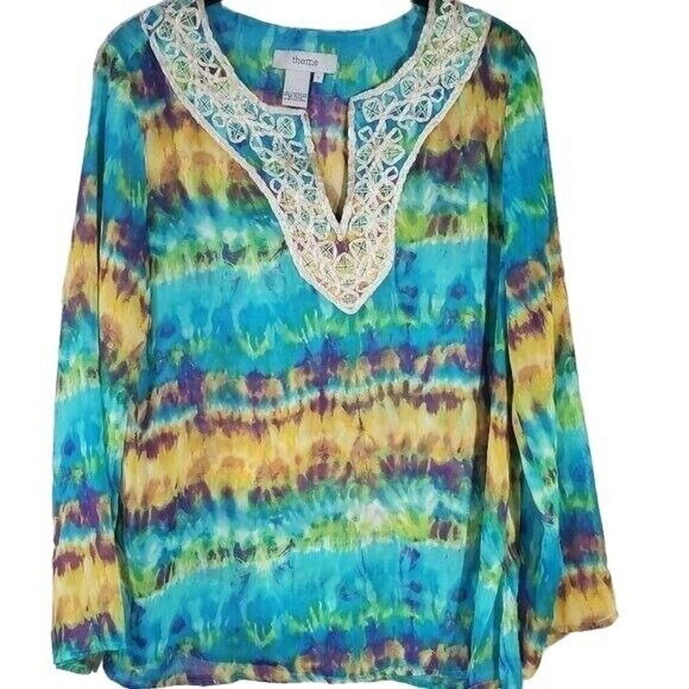 Theme Blouse Womens Small‎ V Neck Tie Dye Long Sleeve Multi Color Boho Casual